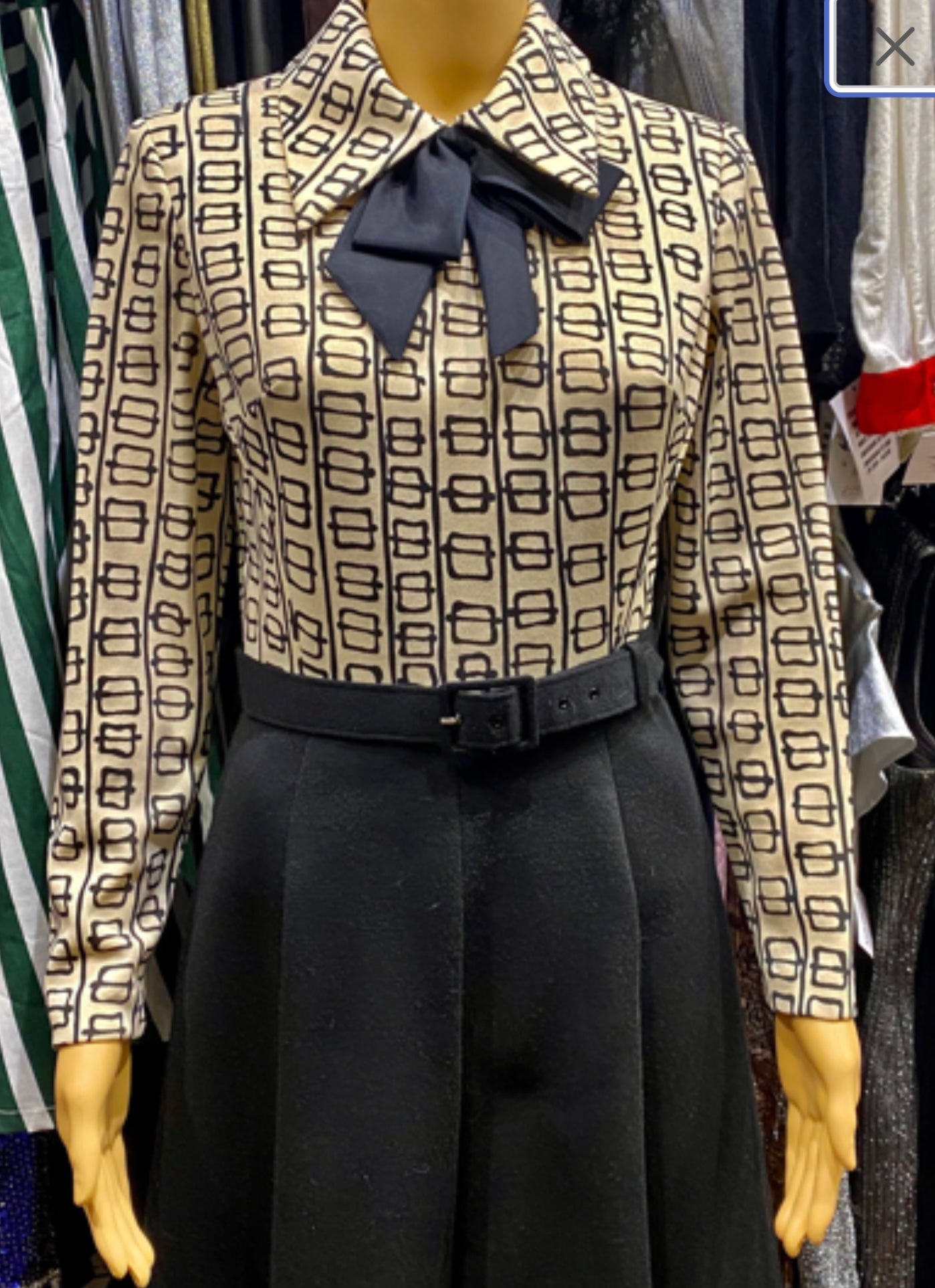 Vintage 1970s dress and bolero jacket set abstract print black cream dagger collar