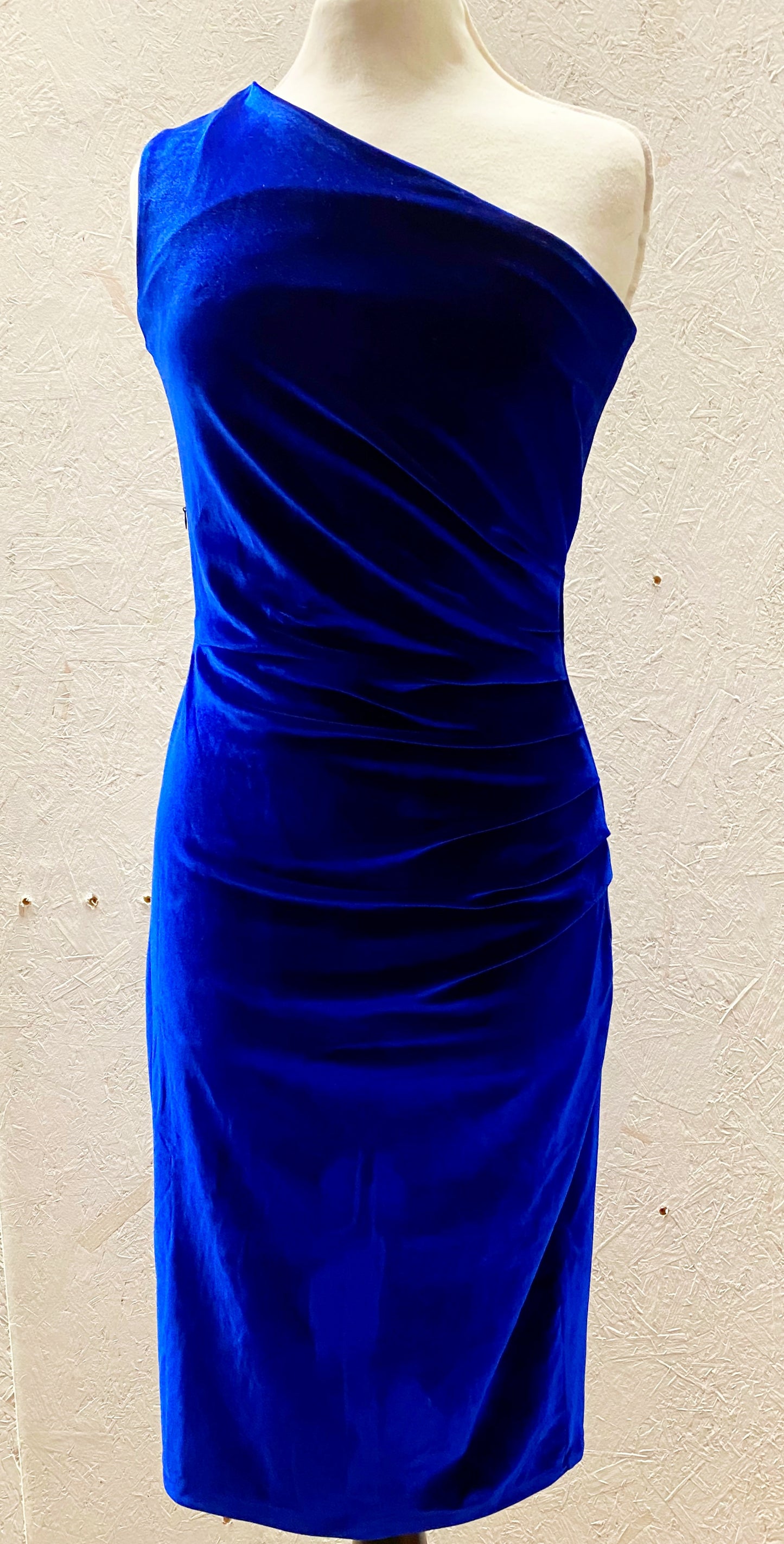 Vintage 1950s Kitty one shoulder wiggle dress in sapphire blue velvet XS to XXL