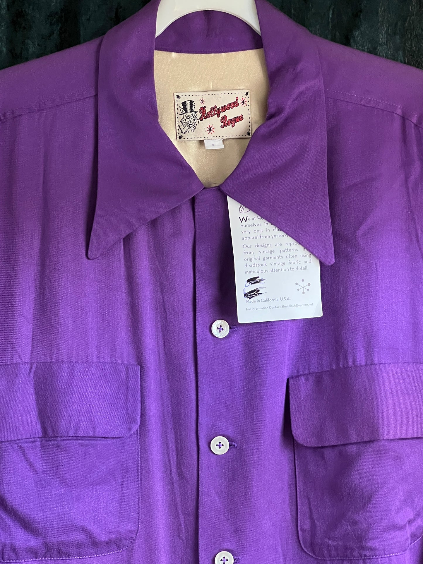 Reproduction vintage 1950s men’s purple gab shirt by Hollywood Rogue L/XL