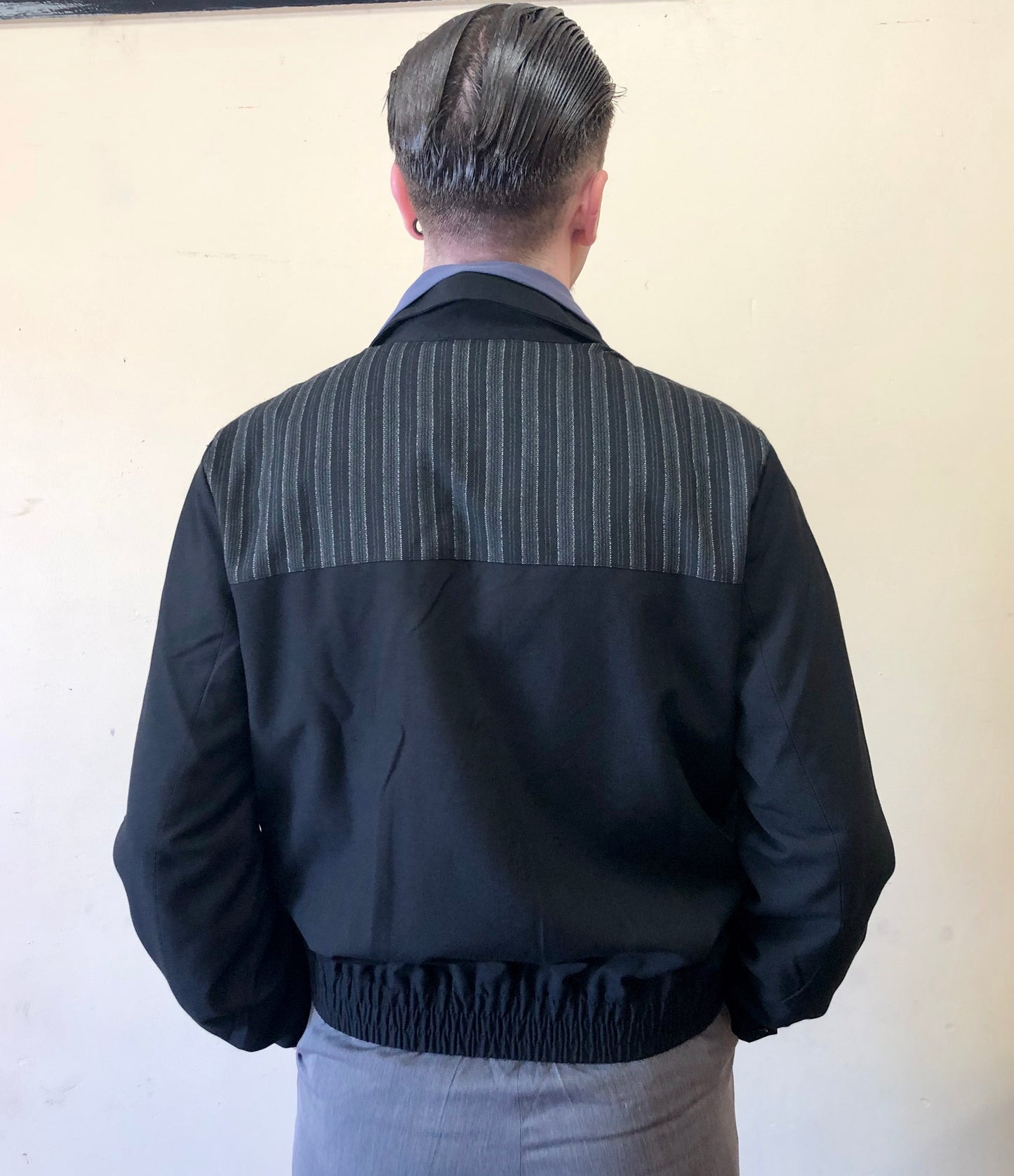 Mens 1950s vintage style gab jacket in black with silver lurex stripe XL only