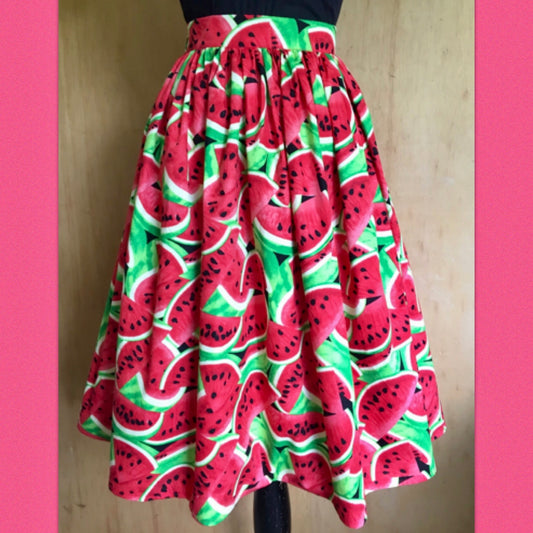 Vintage 1950s style watermelon print full swing dirndl skirt
