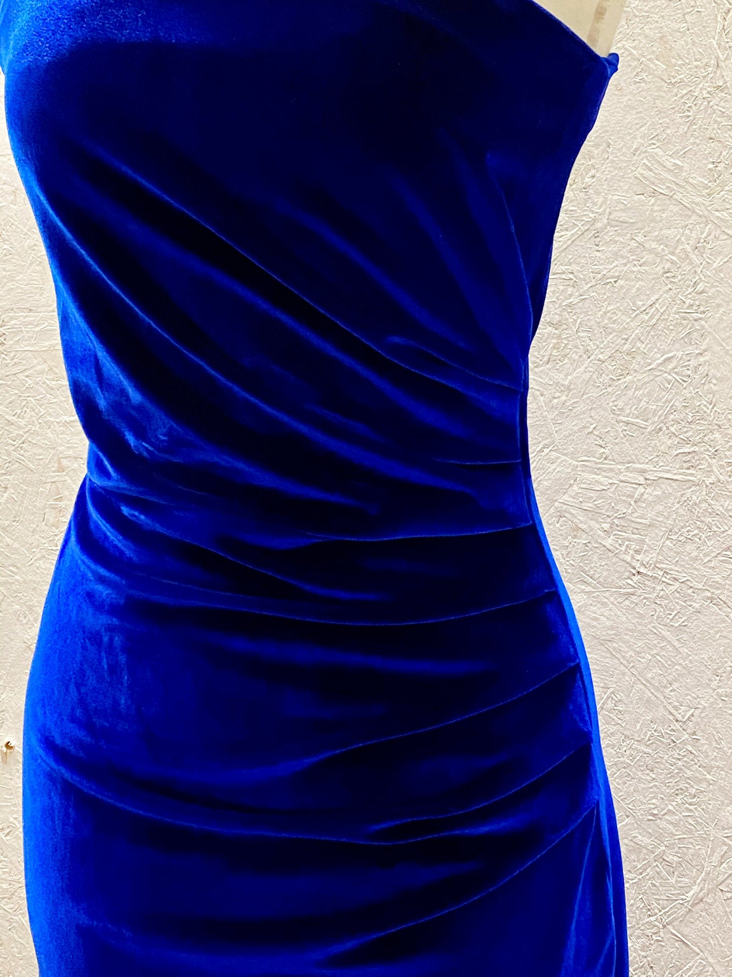 Vintage 1950s Kitty one shoulder wiggle dress in sapphire blue velvet XS to XXL