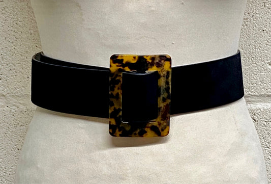 Vintage style black wide belt with fab oversized faux lucite leopard buckle
