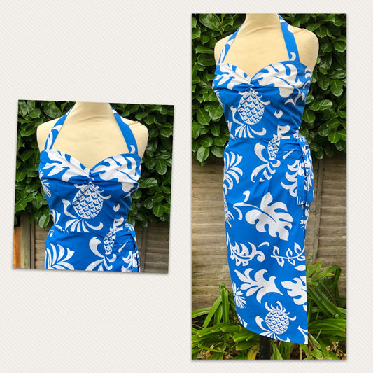 Hawaiian - 1950s vintage inspired blue and white tropical print wrap around sarong dress