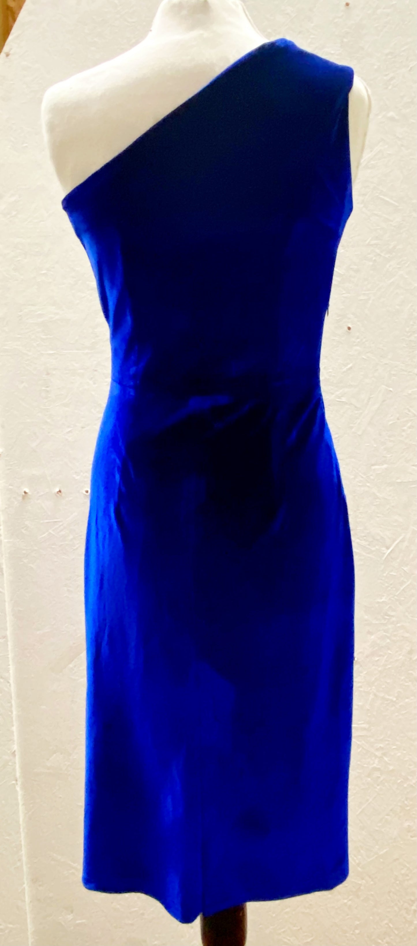 Vintage 1950s Kitty one shoulder wiggle dress in sapphire blue velvet XS to XXL