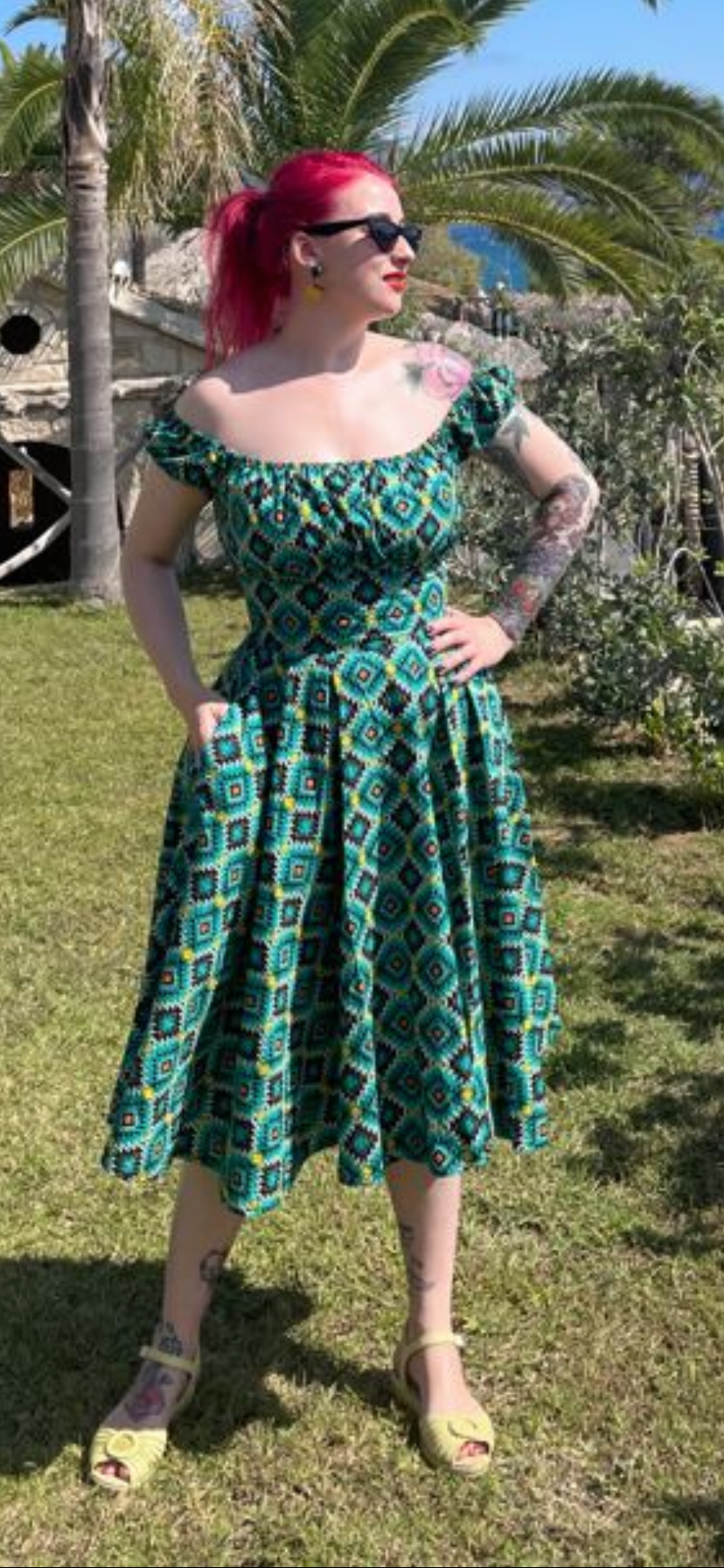Vintage 1950s style turquoise Aztec print full circle gypsy dress S to 3XL