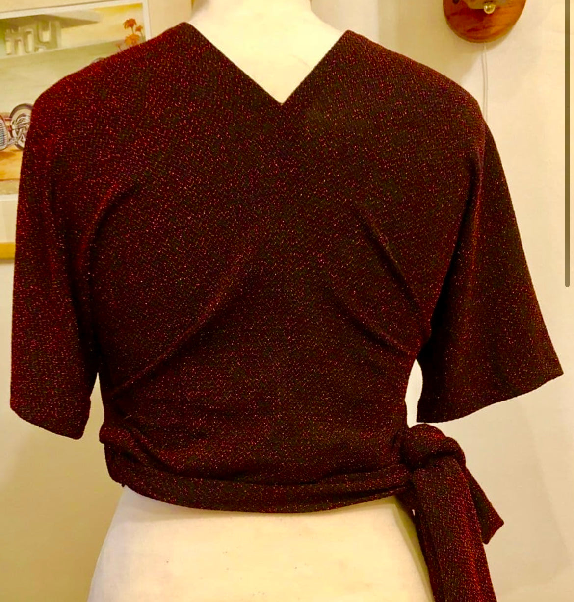 Minnie - vintage 1950s inspired ruby red lurex and black lurex jersey wrap top XS to XXL