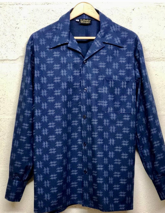 Dark Blue cross hatch design Vintage 1950s style long sleeved men’s shirt