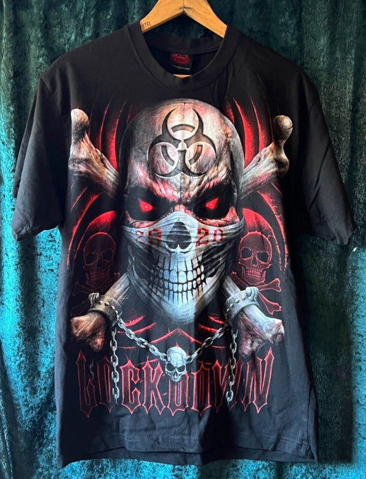2020 lockdown survivor t shirt skull crossbones bio hazard symbol sz L t shirt